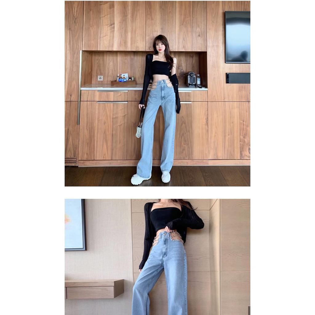 Suhao rantai desain high-waist meninju celana panjang seksi lurus celana jeans wanita musim panas Korea versi Spice Girl celana lebar