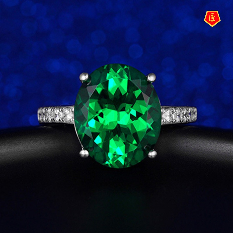 [Ready Stock]925 Silver Green Crystal Tourmaline Ring 18K White Gold Elegant Fashion