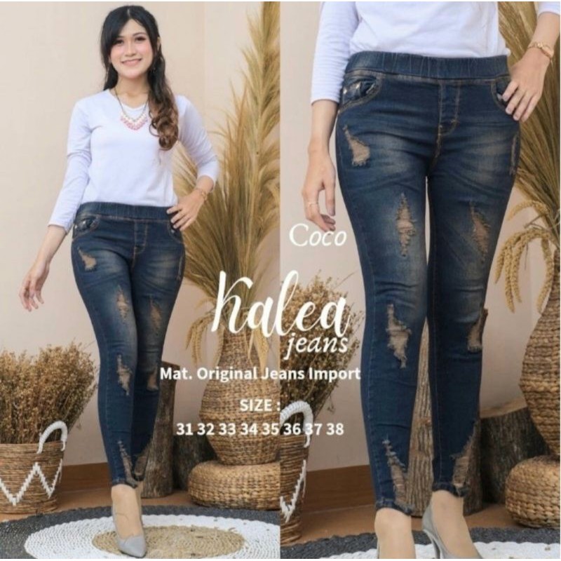 Celana jumbo jeans sobek wanita jegging jeans jumbo pinggang kolor rip