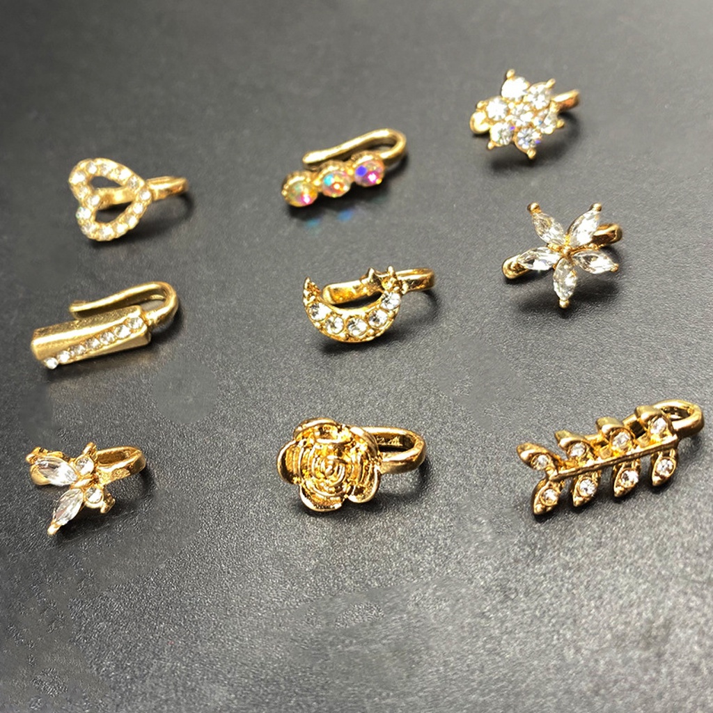 Hu Hu Hu Hu Hu Alat Bantu Pasang Kacamata♡ 9pcs Anting Stud Hidung Bentuk Bunga Bulan Aksen Berlian Imitasi Untuk Pesta