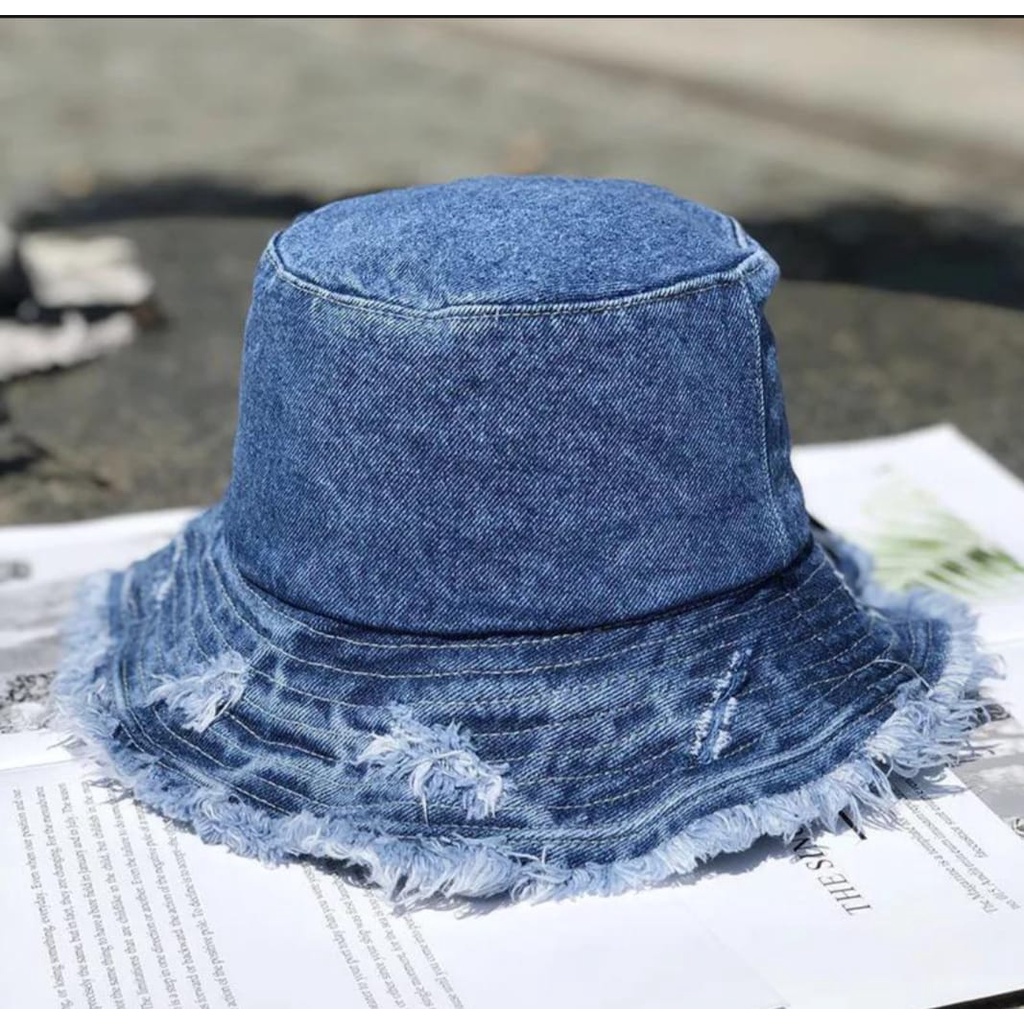 BS Bucket hat Ripped end Topi bucket hat Rawis/bucket jeans wanita model sobek