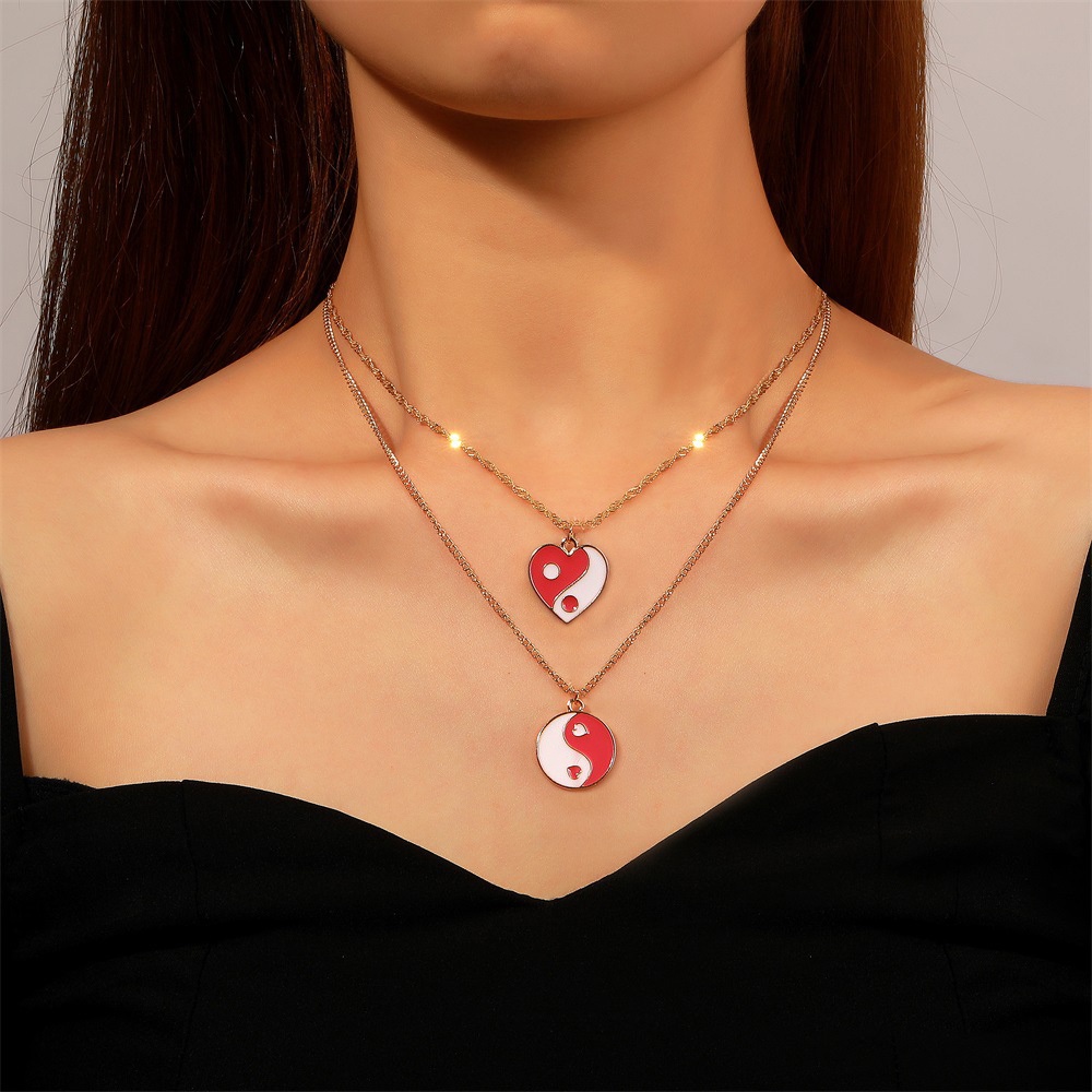 YEEZII Korean Fashion Heart-shaped Tai Chi Pendant Necklace Multi-layer Metal Choker Women Accessories