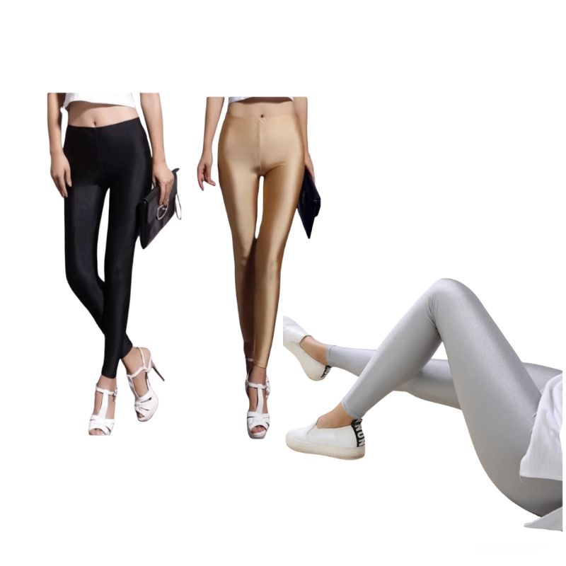 KITA FASHION Celana Legging Sport Panjang Wanita Lycra Kilat Glossy Metalic Polos Import Lembut Nyaman Ringan Mengkilap