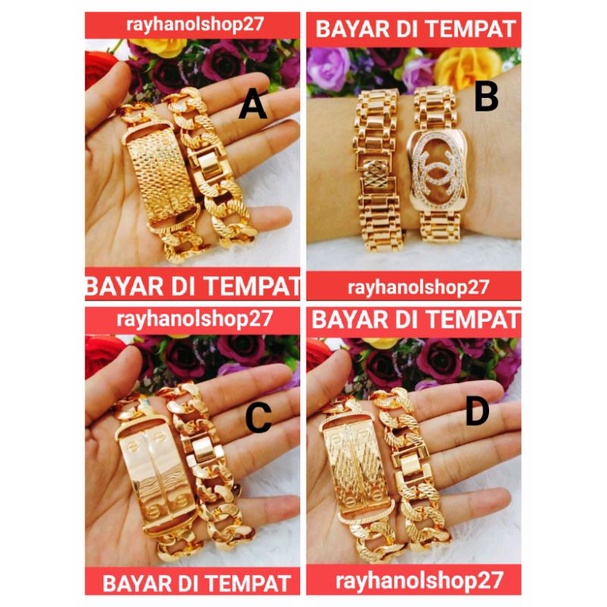 PERHIASAN WANITA DEWASA GELANG TANGAN RANTAI TITANIUM GOLD JUMBO LAPIS EMAS 24 K ANTI KARAT 4 VARIASI MOTIF PILIHAN MODEL NYA