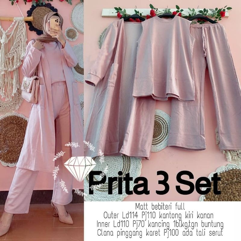 SET CELANA PRITA 3IN1, MOSCREPE, GAMIS HIJAB MUSLIM, SETELAN