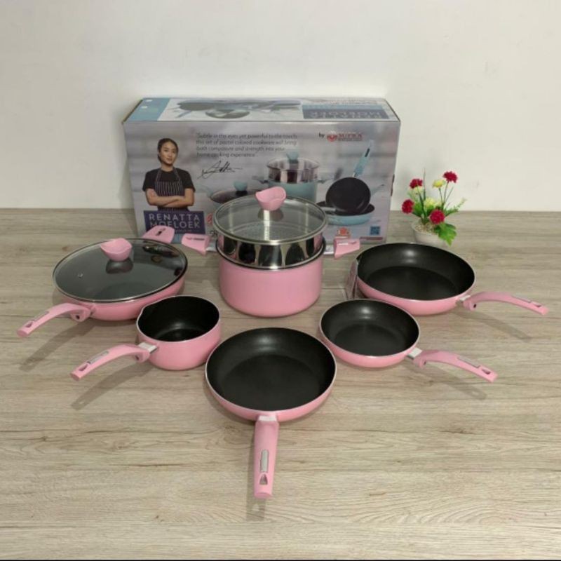 Panci Set Supra 9 Pcs RENATA MOELOEK Teflon Cookware Pastel Panci Serbaguna Anti Lengket
