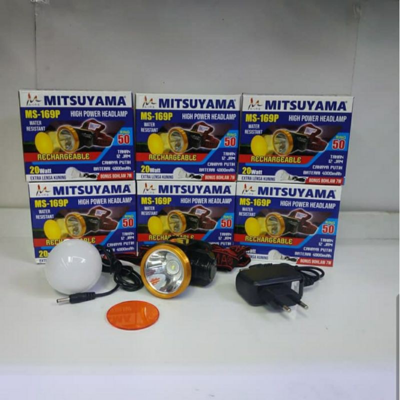 HIGH POWER HEADLAMP MITSUYAMA MS 169P / Senter Kepala LED 20Watt Extra Lensa Kuning Rechargeable