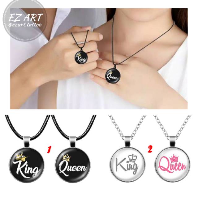 SEPASANG KALUNG LIONTIN COUPLE PASANGAN KING QUEEN KEEP CALM KULIT / RANTAI PREMIUM QUALITY