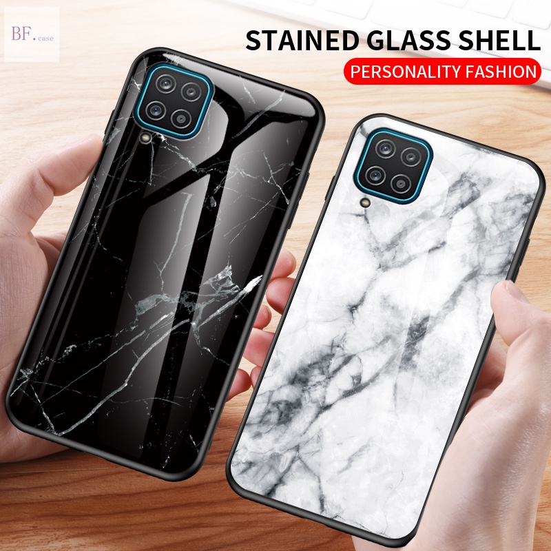 Samsung Galaxy A12 A11 A10S A20 A30 A50 A21S A70 Marble Tempered Glass Back Shockproof Phone Case with Soft Silicone Edge