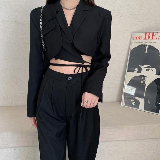 [COD] Blazer Crop top atasan wanita korea tali perut netral sling waist [COD]