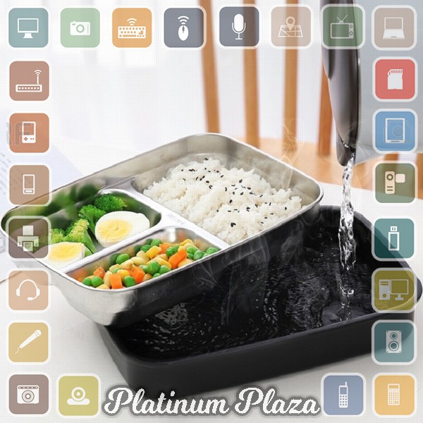 ONEUP Kotak Makan Stainless Steel Healthy Bento Lunch Box 1000ml 3 Grid with Spoon &amp; `2R2VNY-- Black