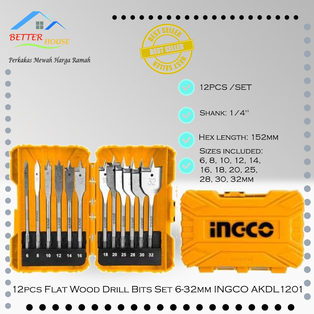 Mata Bor Kayu Kipas 12Pcs Flat Wood Drill Bits (6-32mm) INGCO AKDL1201