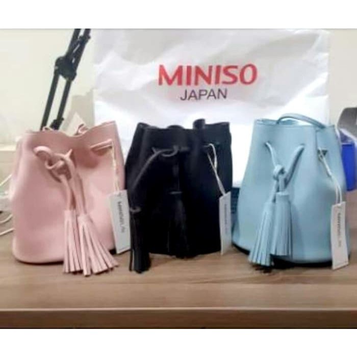 Miniso Bucket Bag Tas Selempang Tas Serut Wanita Biru Muda
