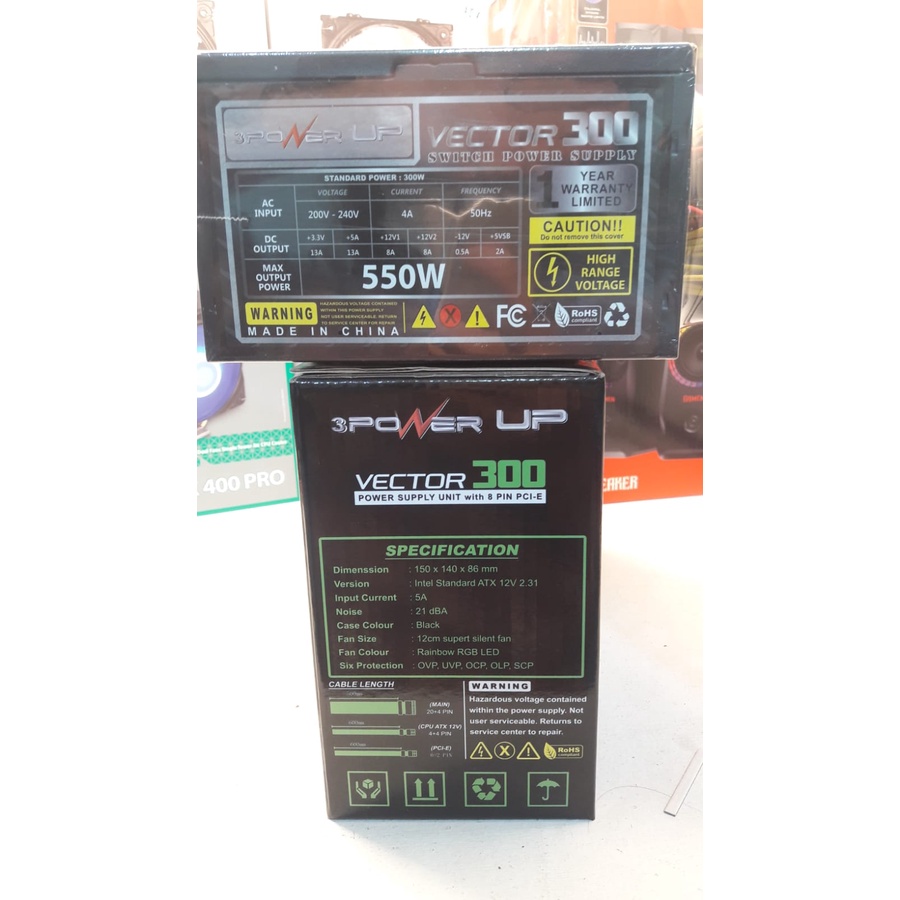 PSU PowerUp 550w Vector 300 RGB With 8 PCI-E Pin Power PowerSupply