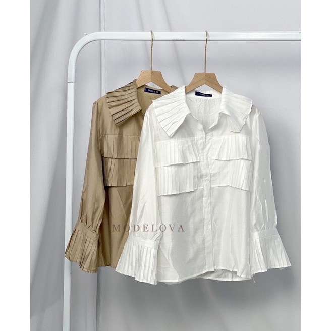 MDLV ~ 2080# marverica pleated shirt Blouse Korea Blouse Premium Blouse Import Atasan Lengan Panjang Kemeja Korean style Fashion import