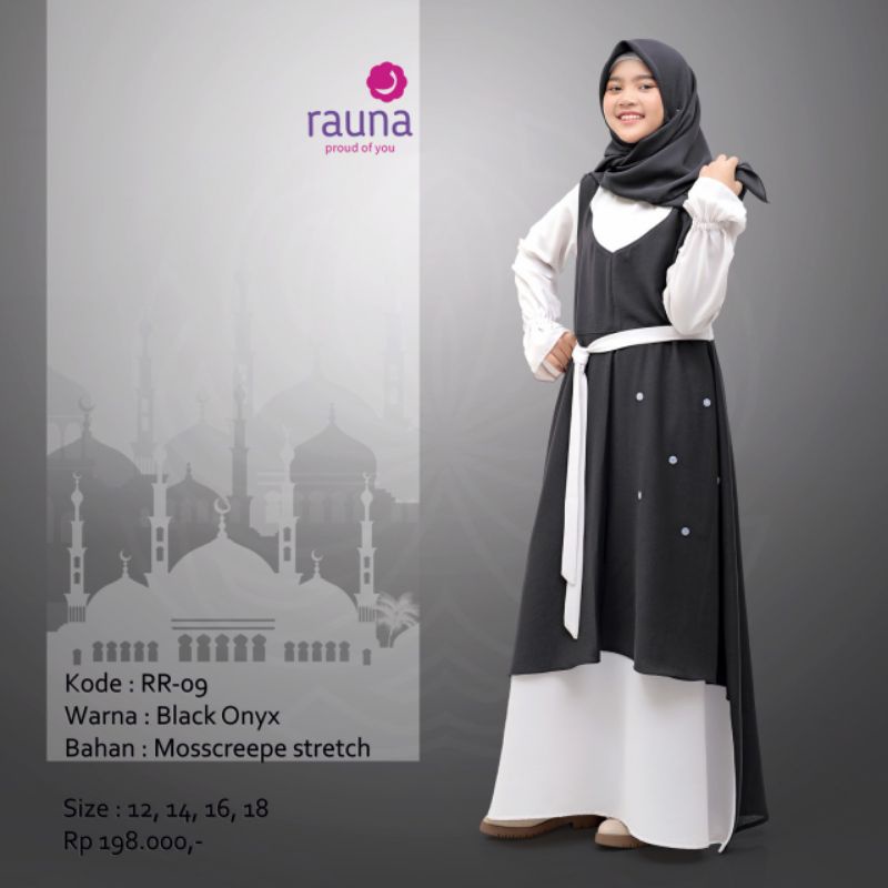 GAMIS REMAJA RR 09 BLACK ONYX ORIGINAL BY RAUNA PAKAIAN DRESS BAJU BUSANA MUSLIM ANAK PEREMPUAN TANG