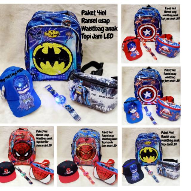 Paket 4in1 Tas anak usap Paud Tk superhero gratis topi jam led tas selempang