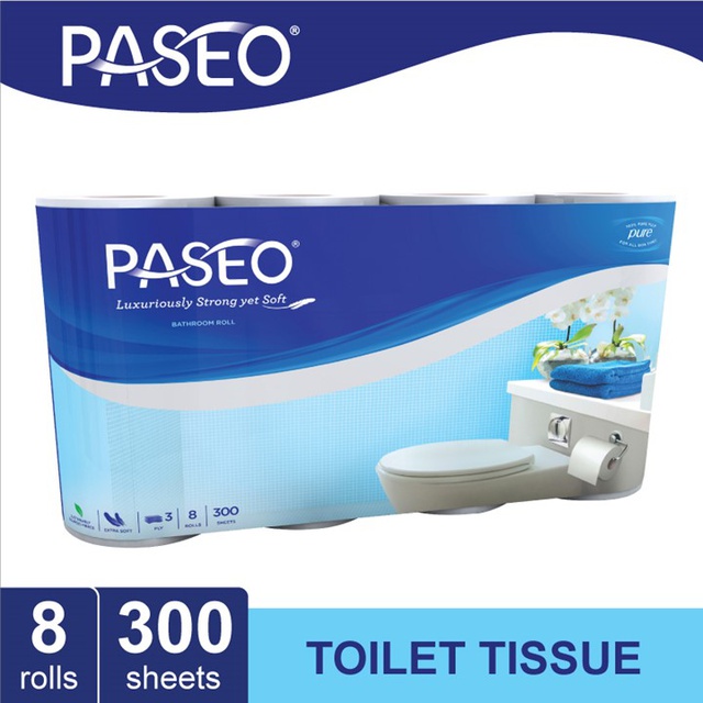 Paseo Elegant Tissue Toilet Roll 8 rolls 300 sheets 3ply