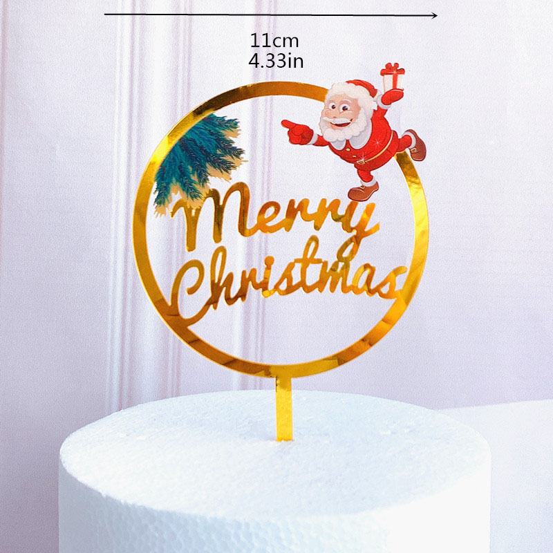 Topper Kue Desain Santa Claus Elk Tree Bahan Akrilik Warna Emas Untuk Dekorasi Natal