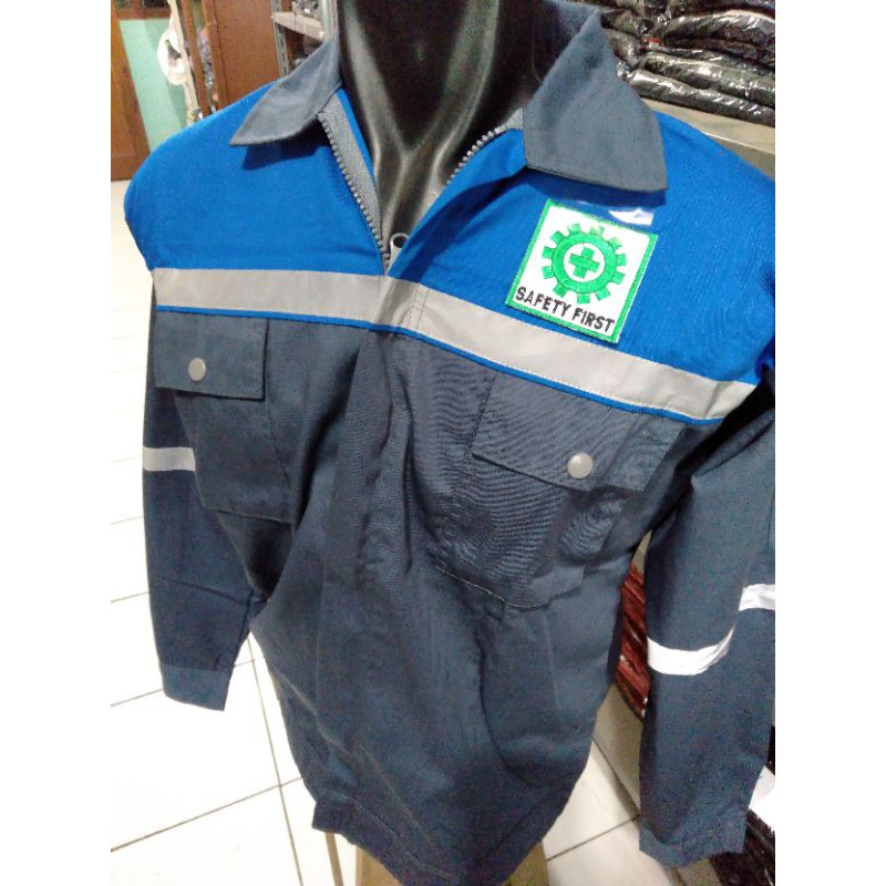 SERAGAM SAFETY RESLETING BIRU ABU ABU FREE LOGO K3 BENDERA KAIN DRILL PREMIUM BAJU PROYEK