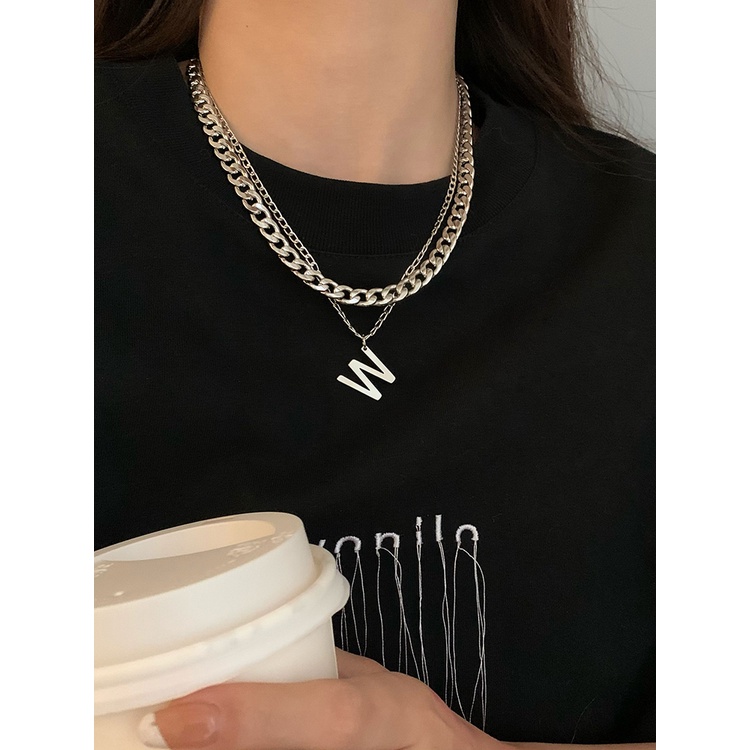 Kalung Rantai Klavikula Ganda Desain Huruf W Gaya Hip Hop