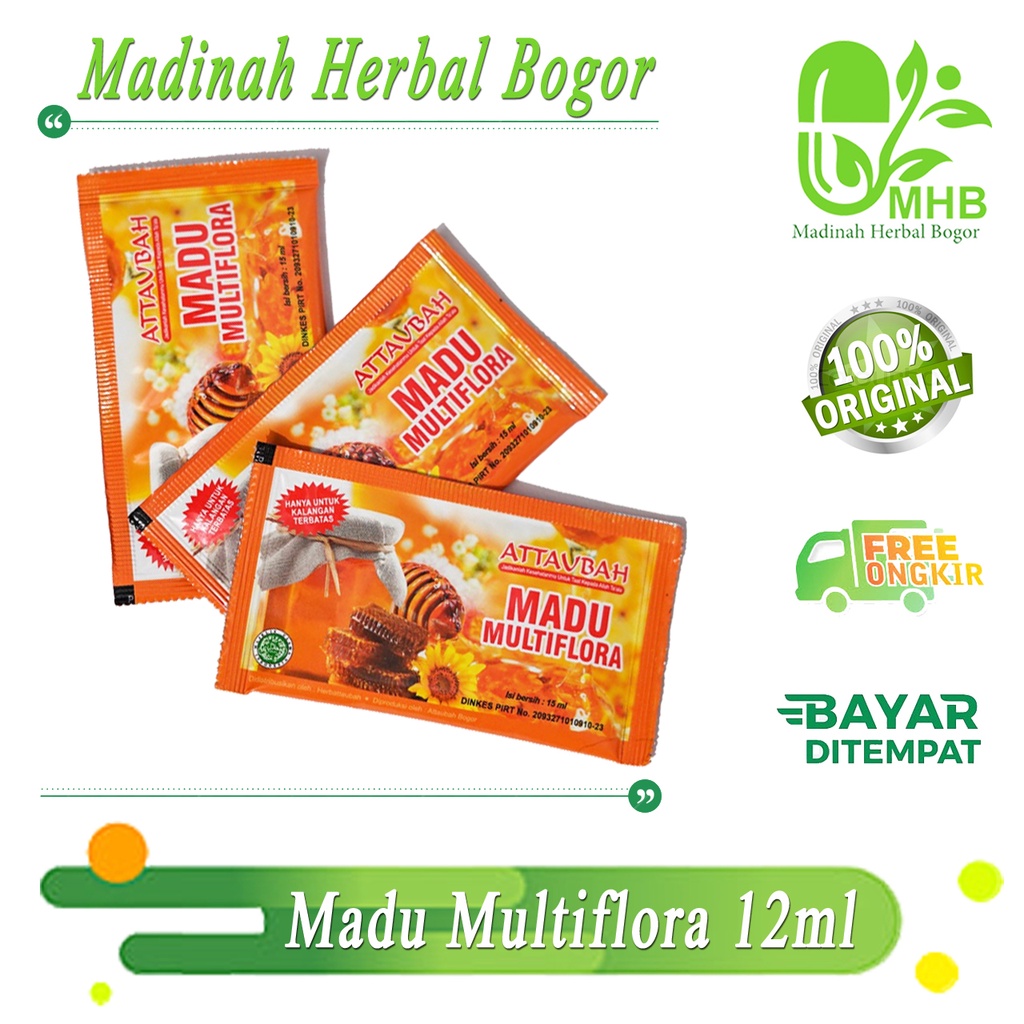 

Kemasan 1 Box (Isi 3 Sachet) Madu Multiflora 12ml Attaubah Honey Stick Sachet
