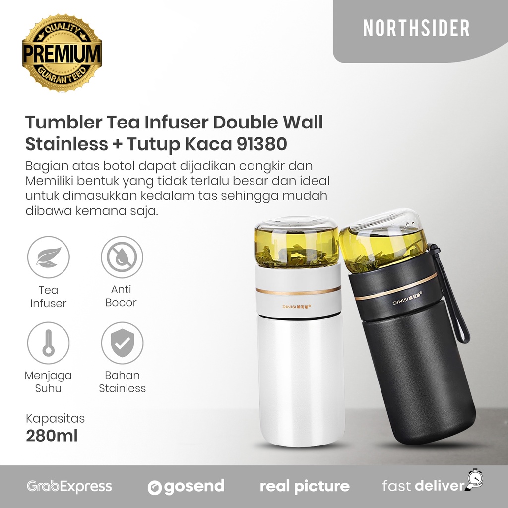 TUMBLER TEH DOUBLE WALL STAINLESS TUTUP KACA 280ML TEA INFUSER JDB475