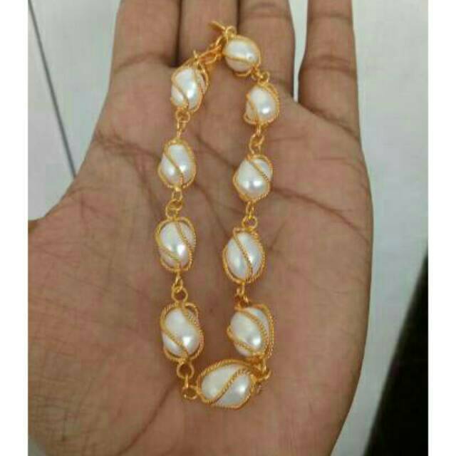 Gelang kurung mutiara air tawar putih lapis emas  Gelang mutiara Asli|  Bukan gelang mutiara Lombok 