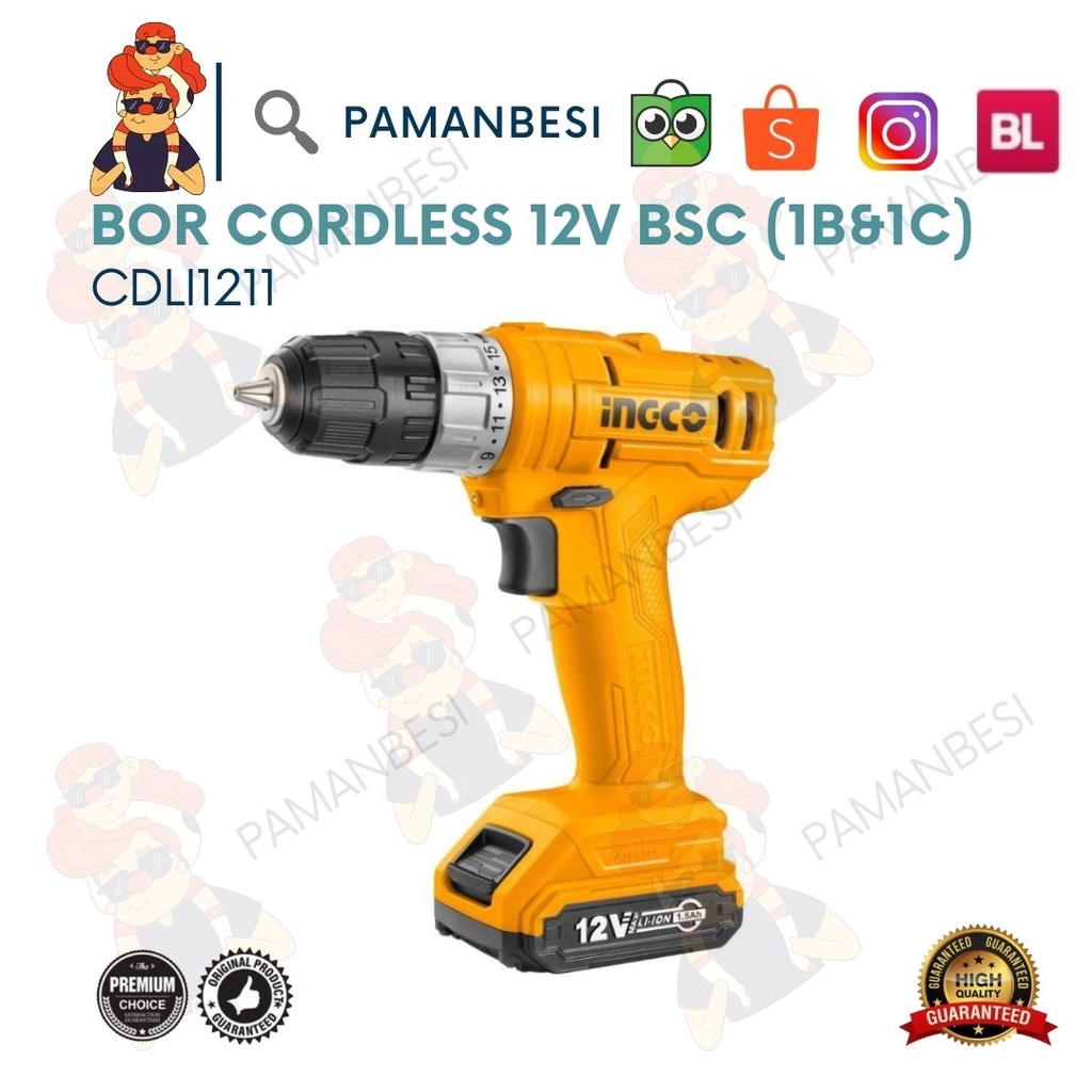 BOR CORDLESS 12V LITHIUM / BOR BATERAI (1B+1C) BOR KAYU INGCO CDLI1211