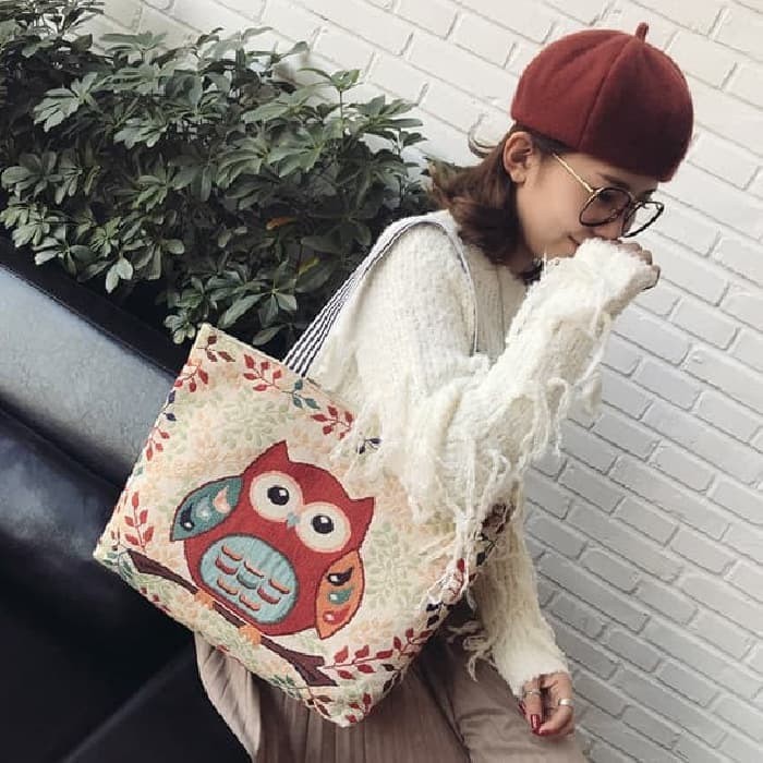 Best Promo Tas Kanvas shouder bag burung hantu - Tote bag Canvas Owl import OWL1