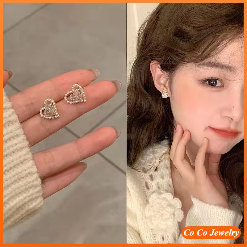 Coco Anting Tusuk Gantung Bahan Sterling Silver 925 Desain Hati Hias Mutiaraberlian Gaya Korea Untuk Wanita