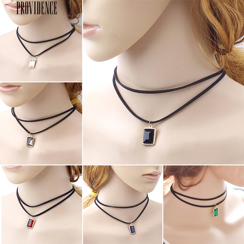 [Bayar Di Tempat]Rectangle Pendant Lapisan Ganda Velvet Rantai Choker Kalung Pendek Lady Hadiah