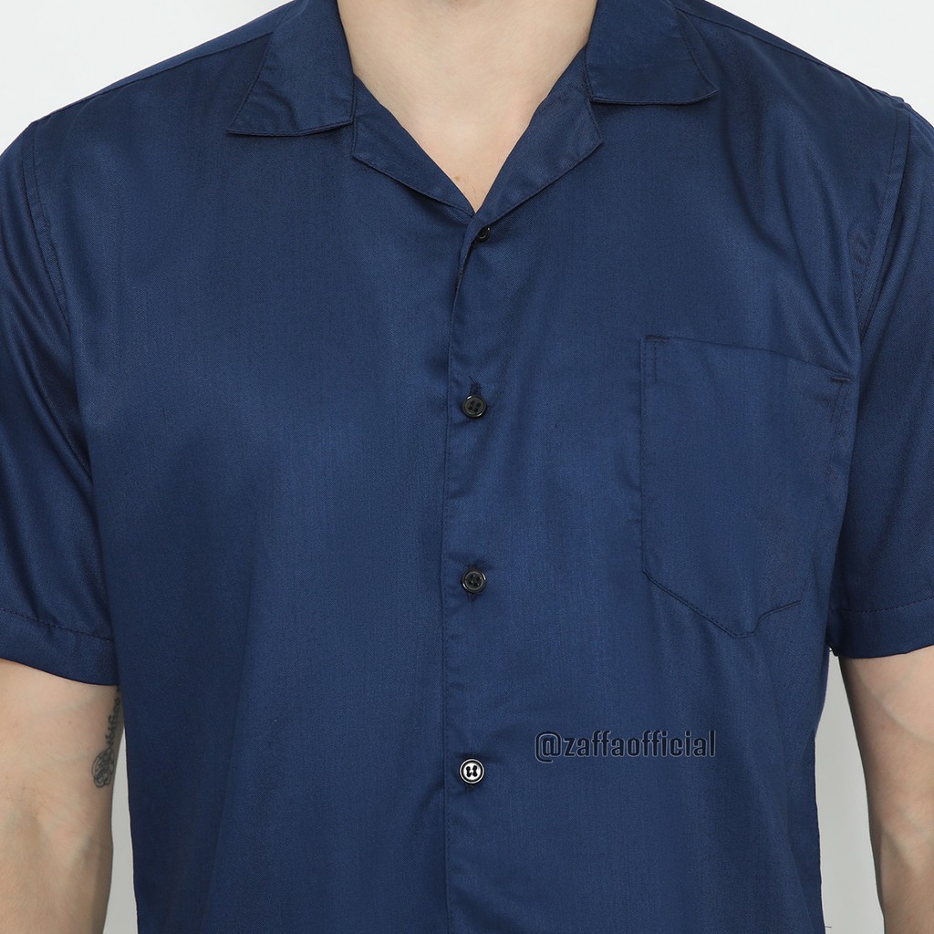 Zaffa Kemeja Polos Pria Lengan Pendek Basic Kerah Pantai Katun Toyobo Hitam Navy Mustard Maroon Bowling Shirt Casual Cowok Navy Z-1015