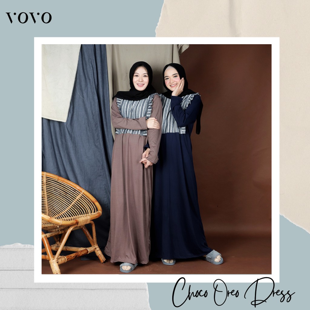 GAMIS MODERN 2021 VOVO  CHOCO OREO - Dress Wanita Remaja Bumil Busui Polos Casual Motif Salur Murah