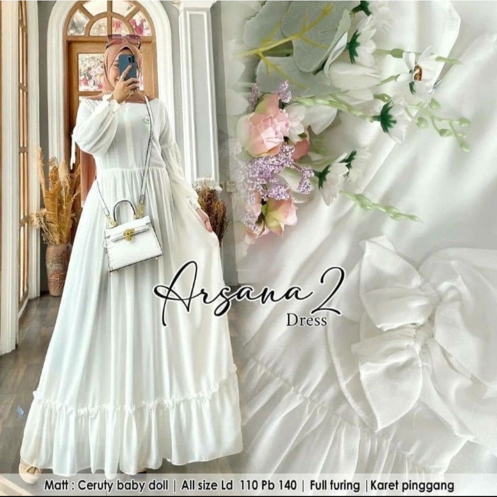 Gamis perempuan dewasa Arsana 2 Dress Ceruty Babydoll motif Polos full Furing Rempel bawah model sim