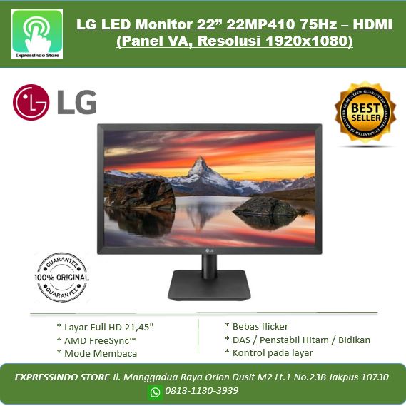 LG LED Monitor 22” 22MP410 75Hz – HDMI (Panel VA, Resolusi 1920x1080)