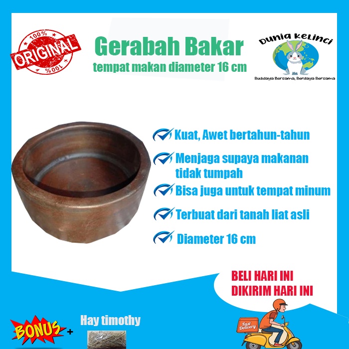 TEMPAT MAKAN KELINCI GERABAH BAKAR HITAM DIAMETER 16 CM PELET PAKAN