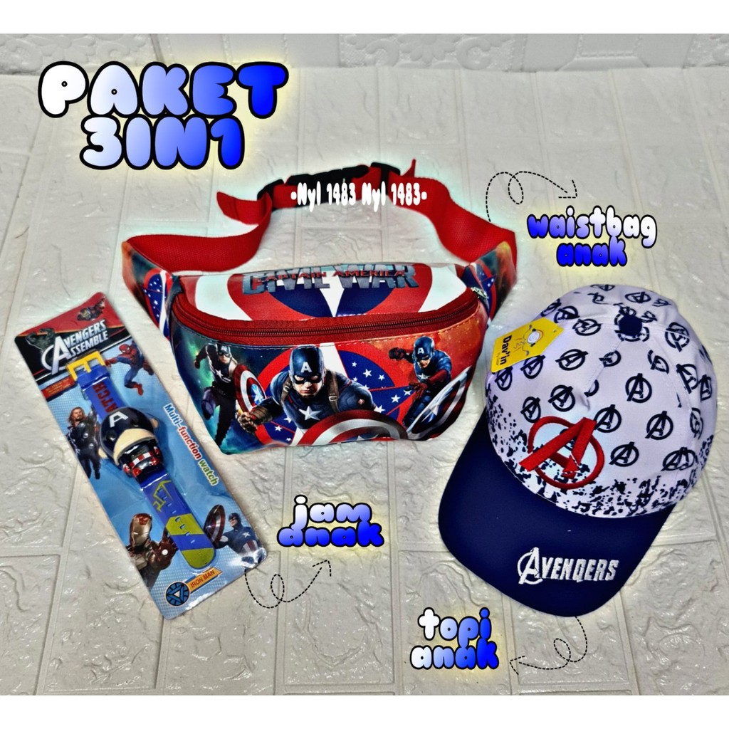 waistbag anak laki laki karakter,3 in1 Waistbag anak/topi anak/jam anak motif captain amerika