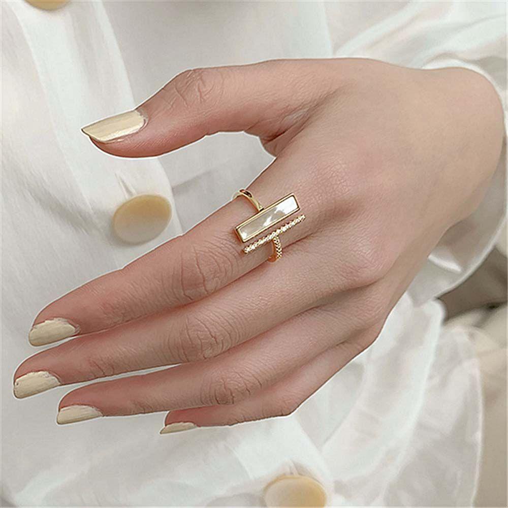 Mxbeauty Open Rings Kepribadian Untuk Wanita Double Layer Imitasi Shell Square Copper Knuckle Ring