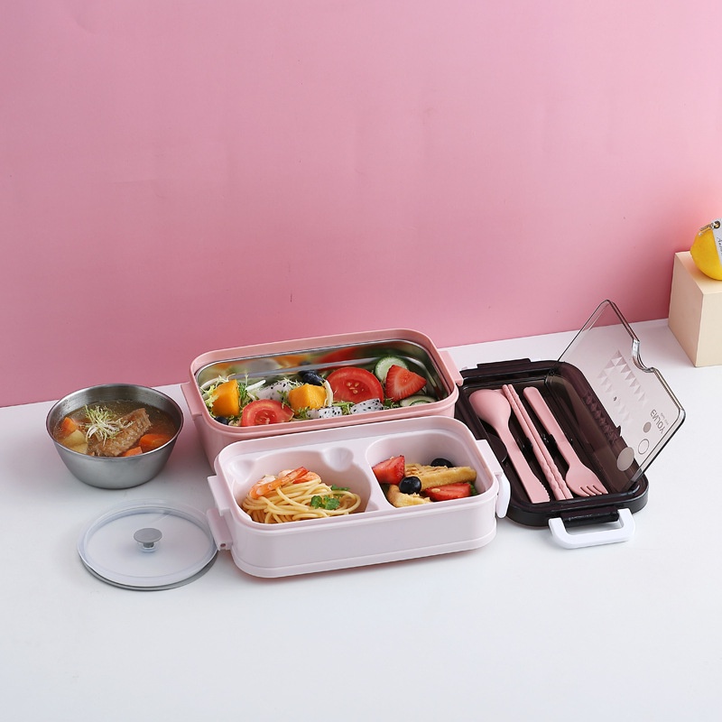 Kotak Makan Double layer Tempat Bekal Makan 2 susun Set Sendok Lunch Box Set BPA Free Bento Box