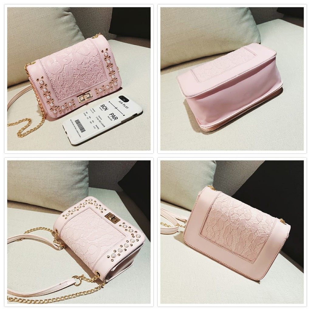 TAS PESTA PINK MUTIARA RANTAI KULIT RENDA IMPORT BRANDED KOREA WANITA SELEMPANG ABG TA111P3 QUERRE