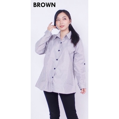 Kemeja Wanita Basic Trendy Lengan Panjang Salur Premium/ Atasan Wanita-Coklat