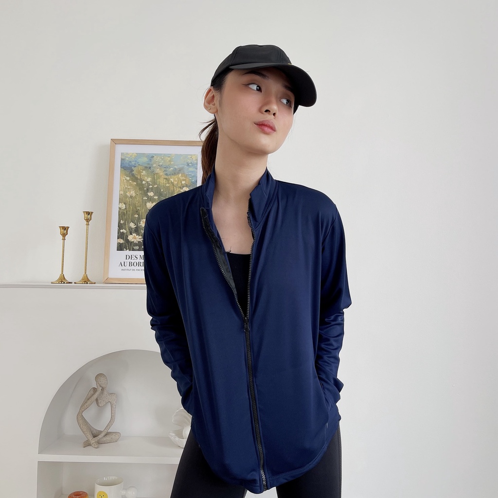 DONSON Sportswear Jacket Sporty Wanita Sleting Extra Fine Polyester Dengan Kantong Warna Navy Ukuran Standar dan Jumbo