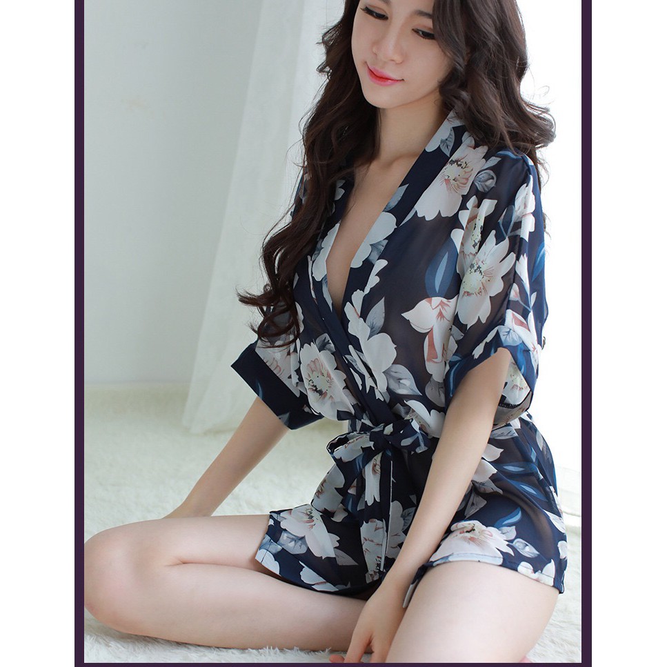 kimono WanitaSet Lingerie Sexy G String Baju tidur Bahan sifon dicetak A187-2