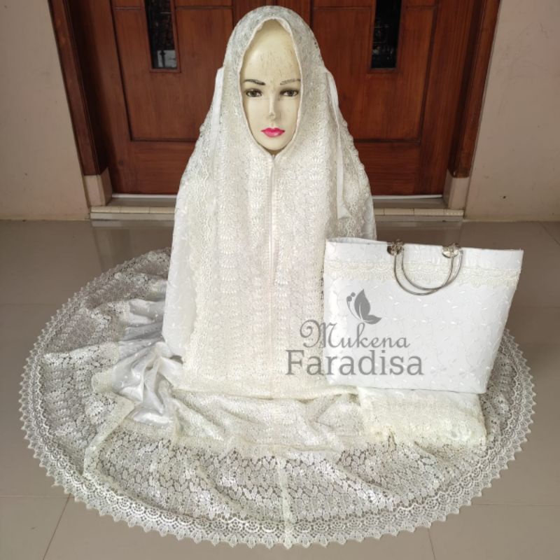 MUKENA PRADA SUTRA PARIS BORDIR 2IN1 BISA PONCO RENDA MEWAH CANTIK PUTIH TULANG MAHAR SESERAHAN HANT