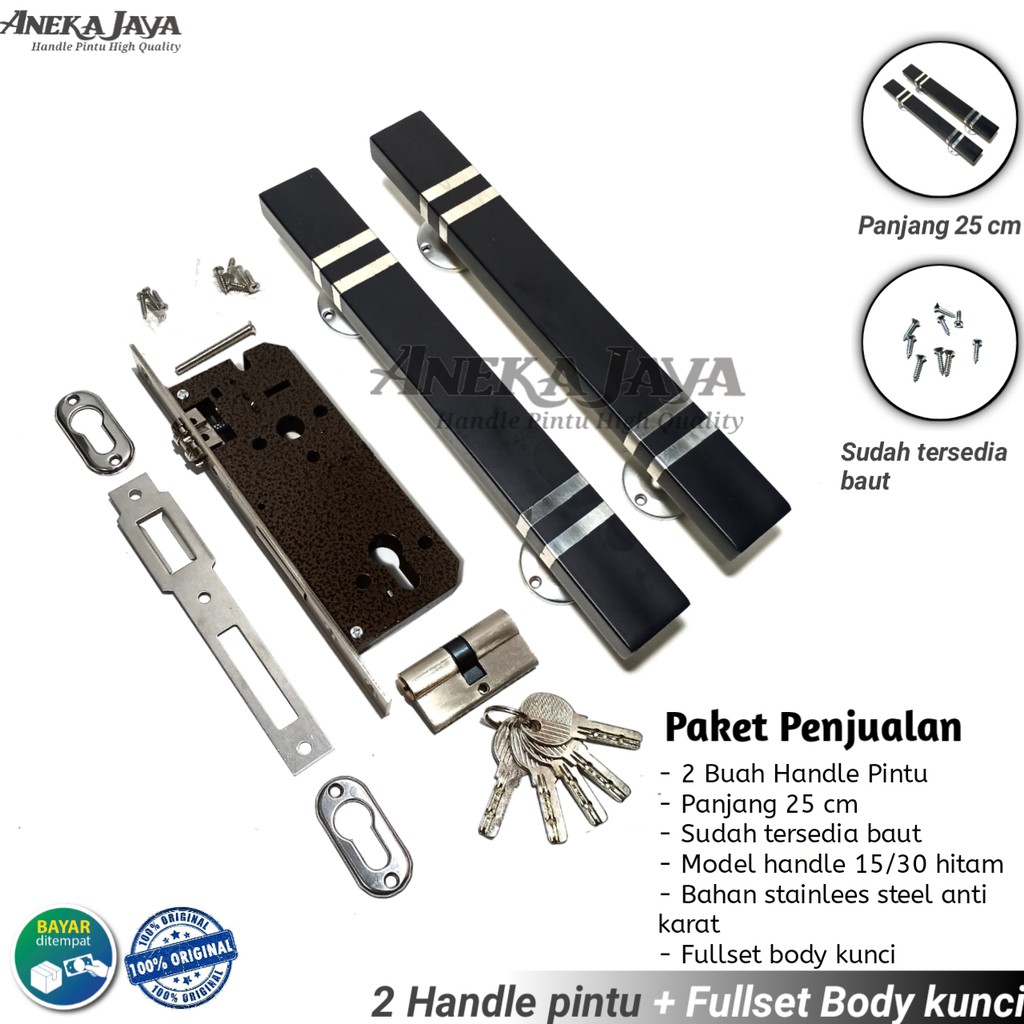 1 satu set Handle pintu rumah panjang 25 cm warna hitam daun pintu satu / Gagang pintu rumah murah