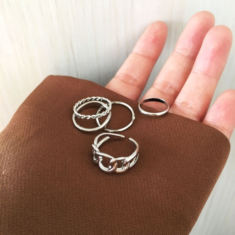 5pcs / Set Cincin Model Terbuka Bahan Alloy Desain Geometri Gaya Retro Adjustable Untuk Wanita