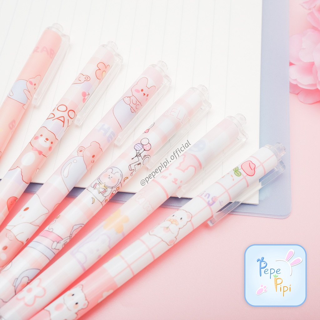 Pena Mekanik Kotak-kotak Pastel Bear Beruang Pulpen Cetek Tinta Hitam Pen Bolpen Mekanik lucu