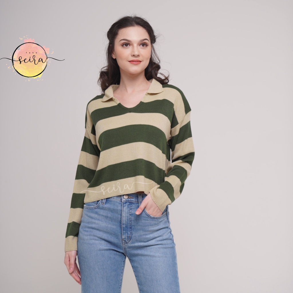 [BISA COD] Cora Knit Top Baju Blouse Rajut / Rajut Motif Garis Kekinian / Outer Rajut Crop Blaster