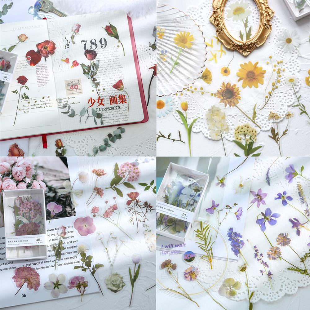 Top 40pcs /box Stiker Bunga Kawaii Journal Diary Vintage